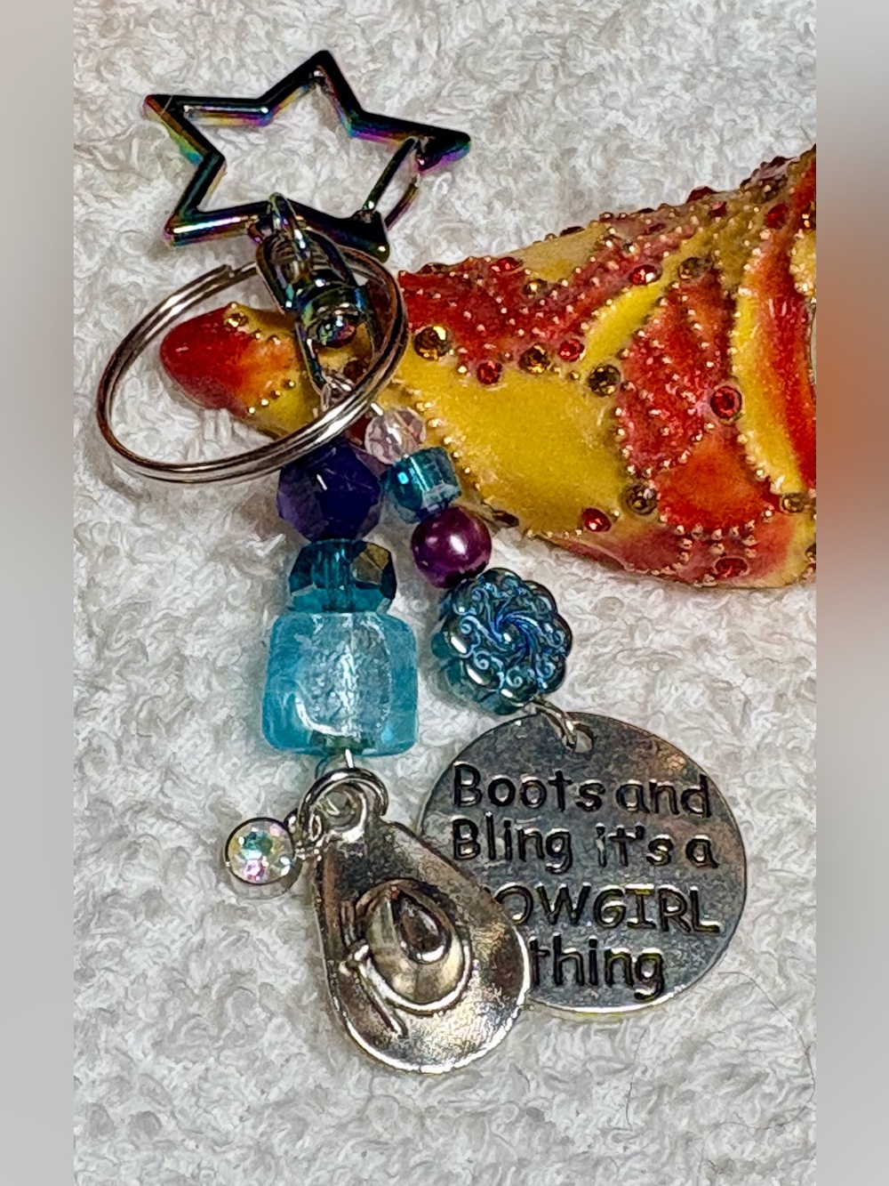 Boots and bling Cowgirl Charm Keychain with Teal Beads